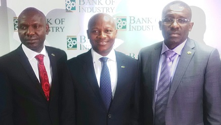 Rasheed Olaoluwa, managing director and chief executive officer of Bank of Industry (BoI) flanked by other officials of the Bank during the digital products launch.